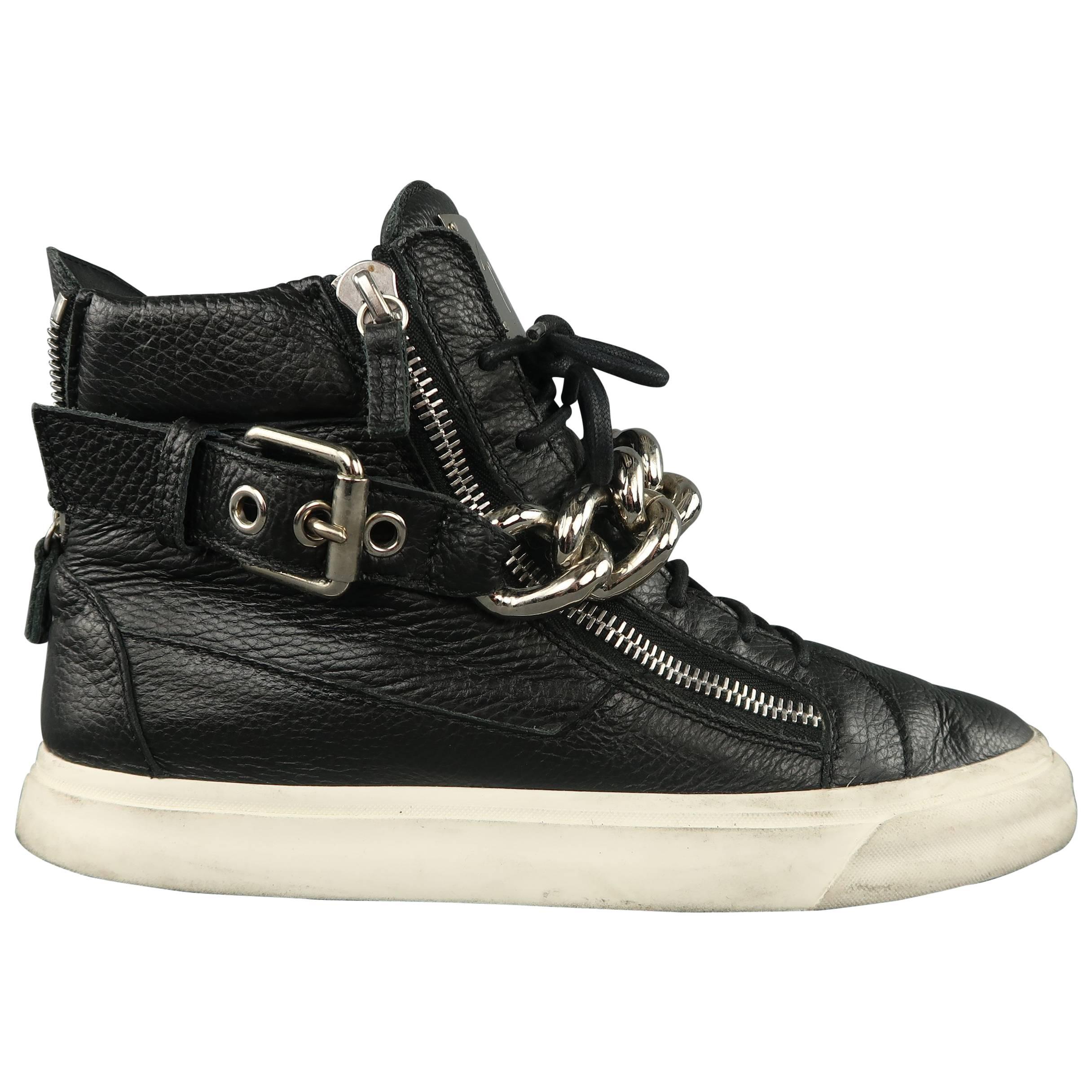 GIUSEPPE ZANOTTI Sneakers 10 Black Textured Leather Silver Chain Bangle High Top