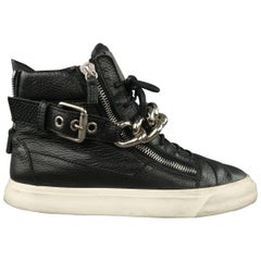 Used GIUSEPPE ZANOTTI Sneakers 10 Black Textured Leather Silver Chain Bangle High Top