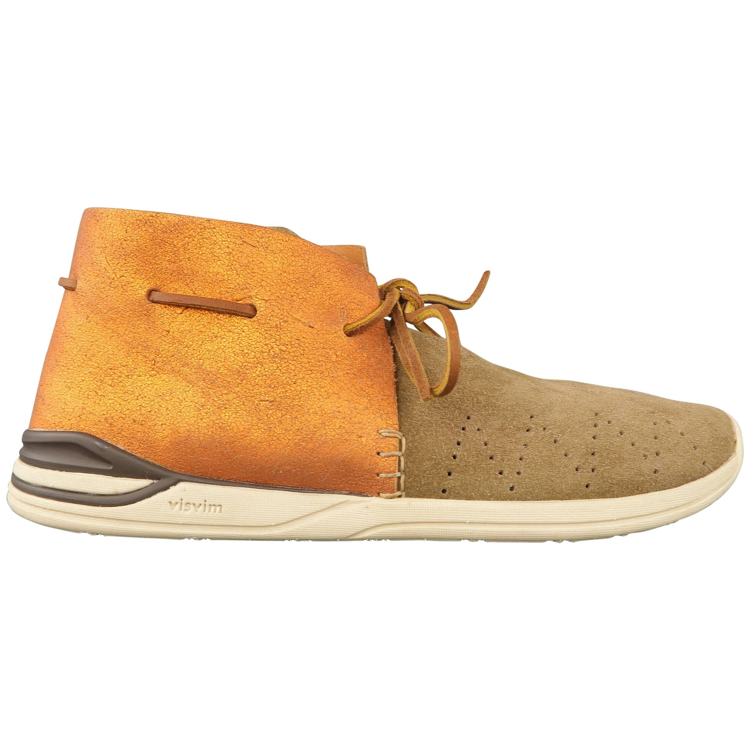 Men's VISVIM Size 9.5 Orange Metallic Leave & Taupe Suede Huron Boot Sneakers