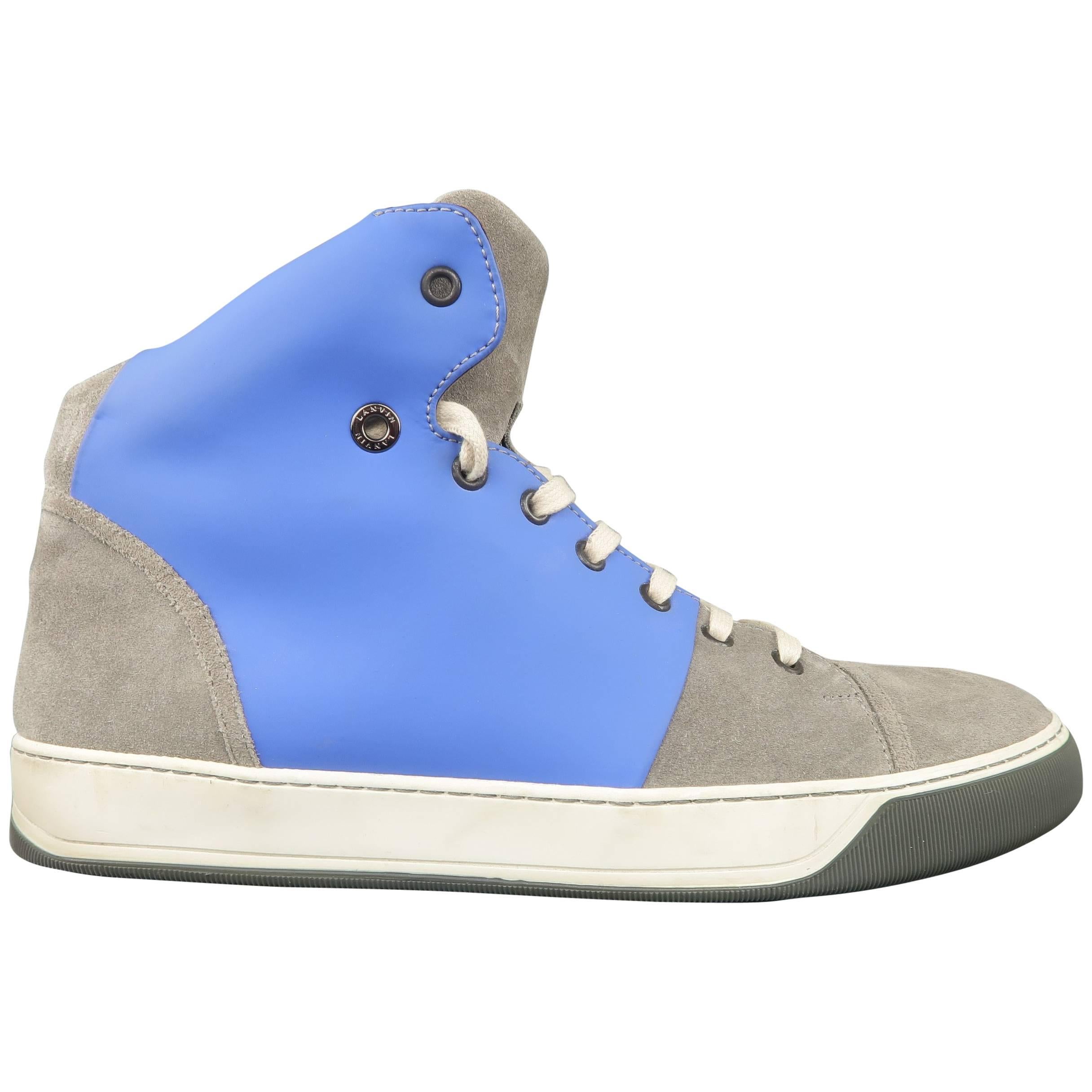 Men's LANVIN Size 8 Grey Suede & Blue Rubber Two Toned High Top Sneakers