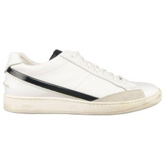 Men's FENDI Size 8 White Solid Leather Black Patent Stripe Sneakers