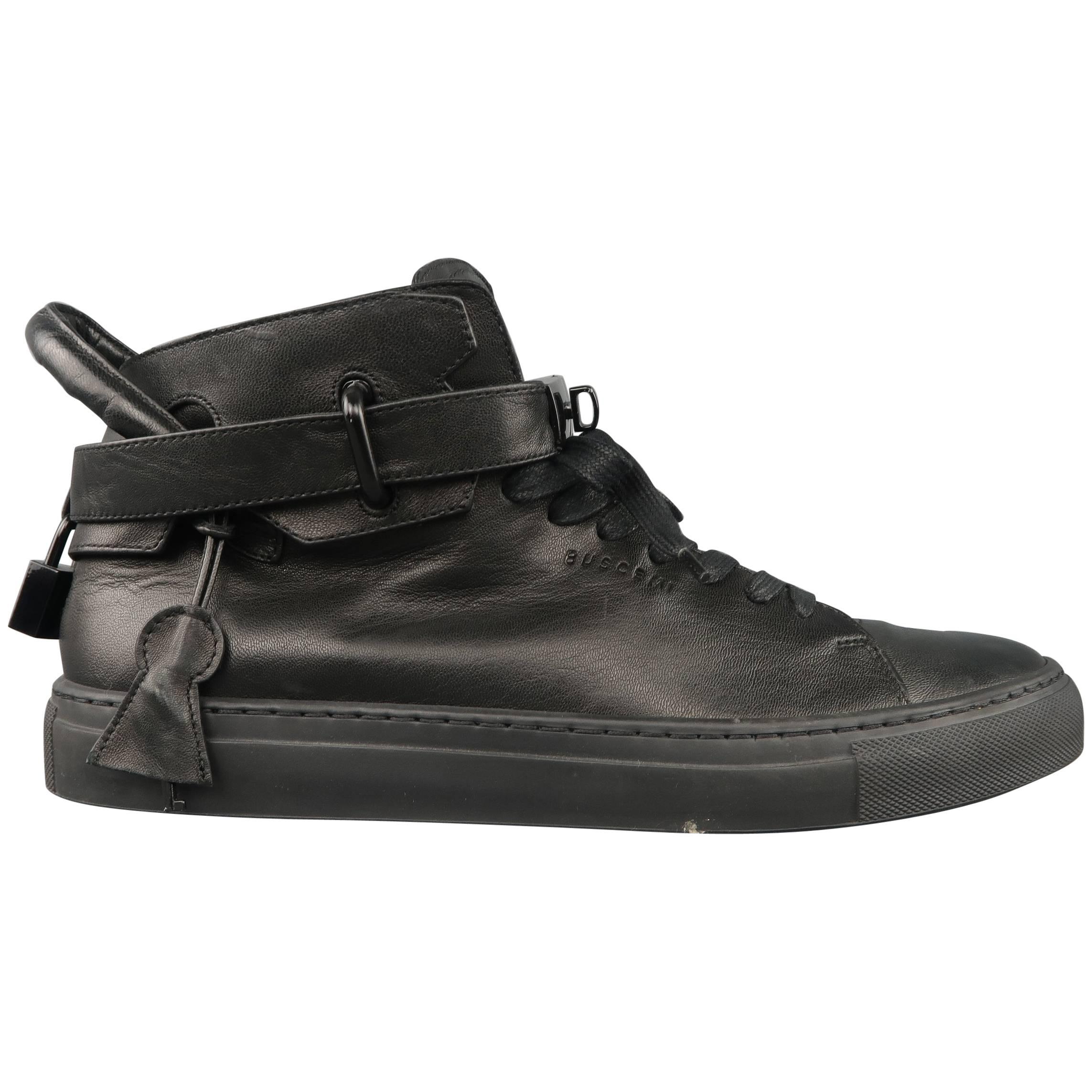 Men's BUSCEMI Size 11 Black Leather Padlock 100mm High Top Sneakers