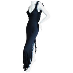 John Galliano Vintage Ruffled Flamenco Black Chiffon Dress with High Slit Sz 40