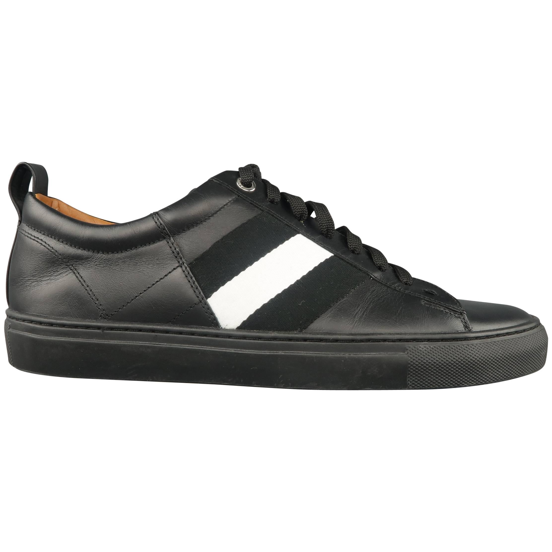 BALLY Size 7 Black LeatherWhite Canvas Stripe Low Top Sneakers