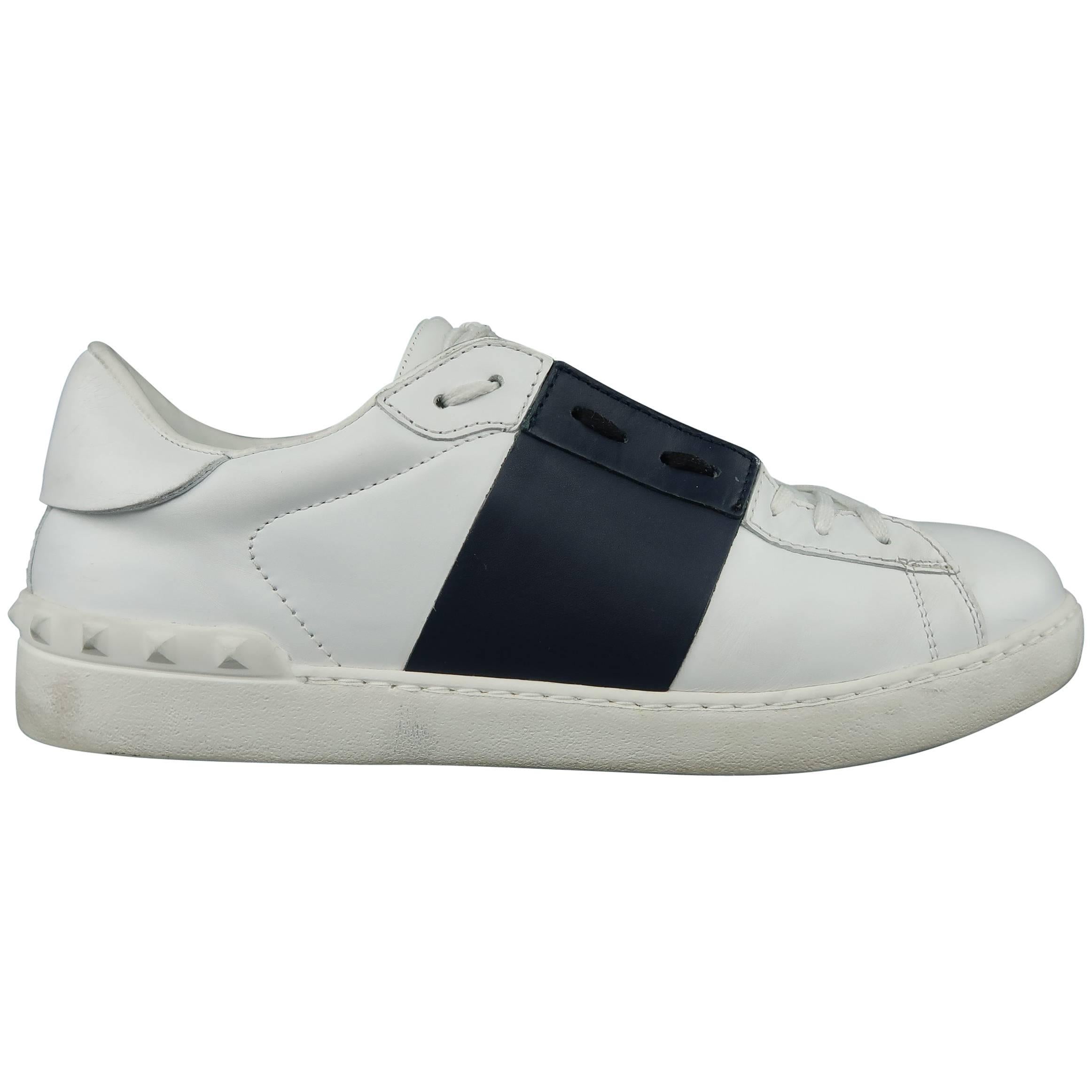 VALENTINO Size 12 White and Navy Color Block Leather Open Sneakers at ...