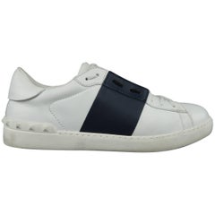 VALENTINO Size 12 White & Navy Color Block Leather Open Sneakers