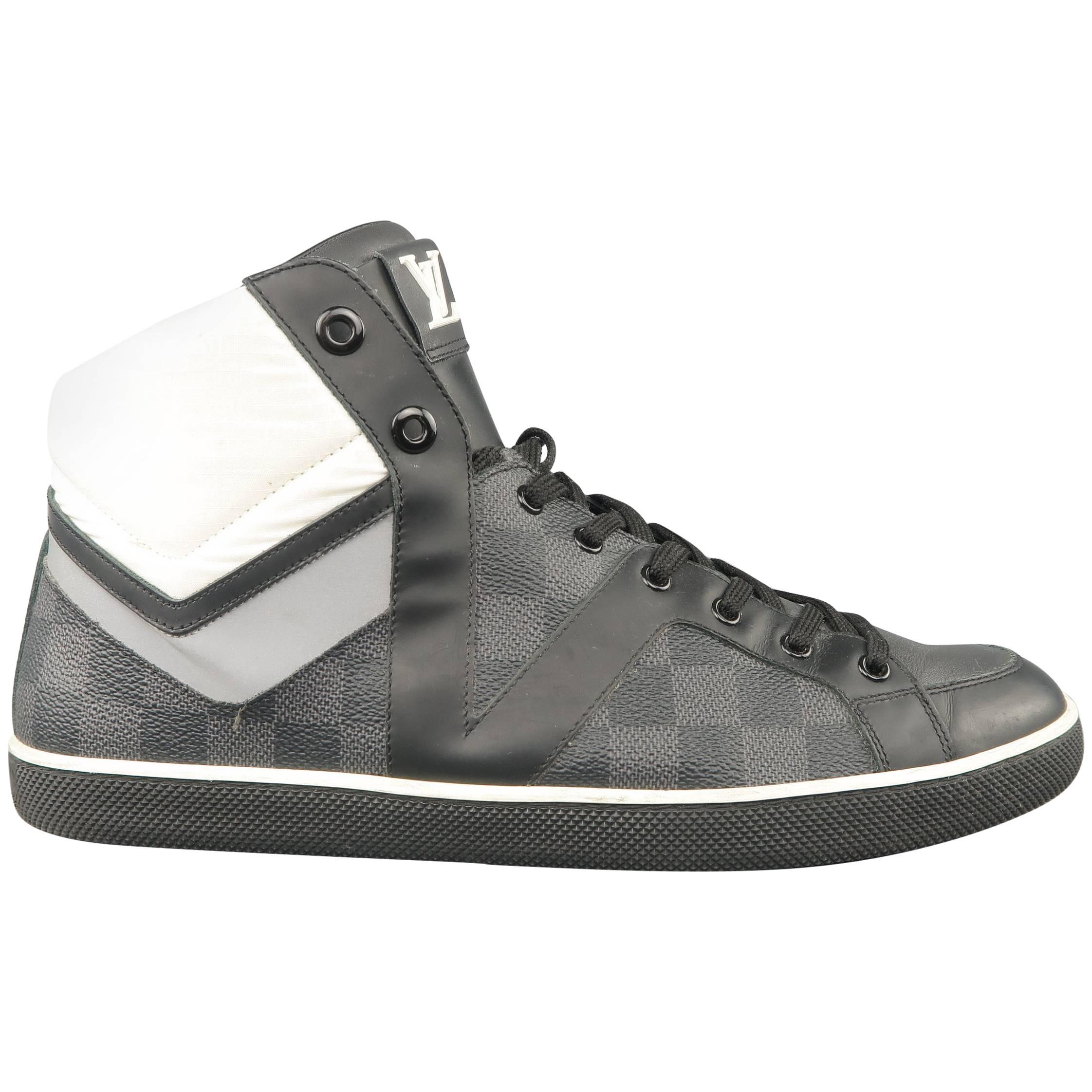 Men's LOUIS VUITTON Sneaker 10 Black & Gray Damier Leather Reflective High Top