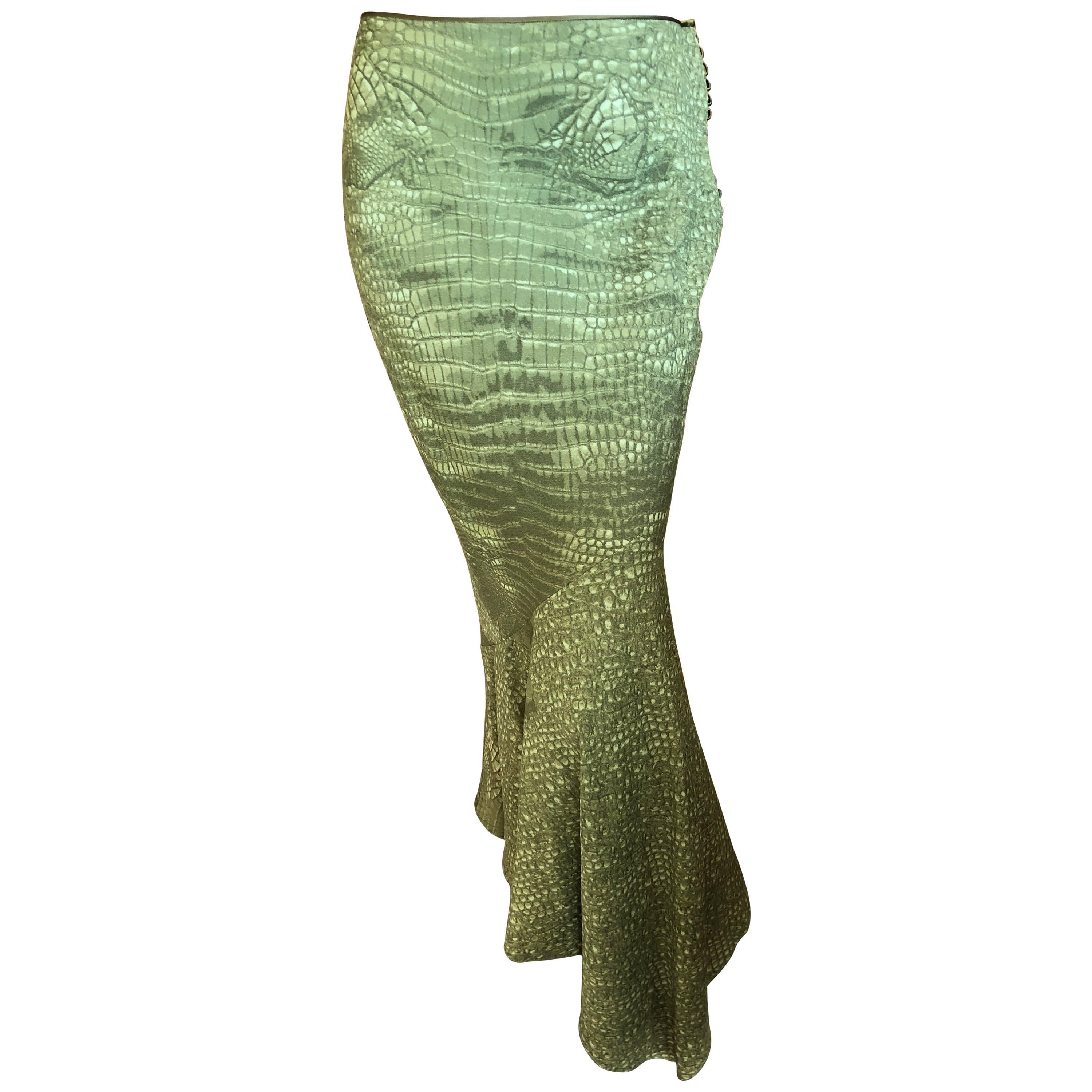 John Galliano Vintage Silk Green Alligator Print Fishtail Skirt For Sale