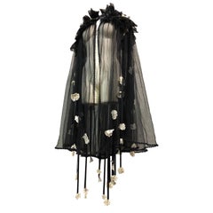 1940s Style Black Net Cape w Ribbon & Cotton Lace Flower Applique
