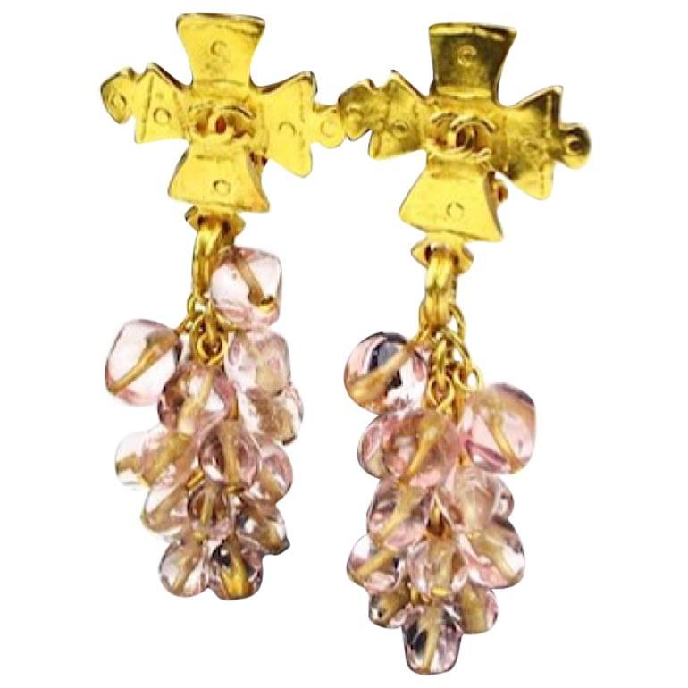 Vintage Chanel rare cross and pink grape design dangling earrings. For Sale
