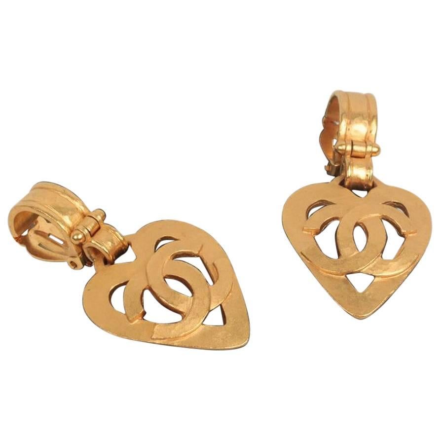 CHANEL Vintage Gold Metal Logo HEART Dangle Clip On EARRINGS