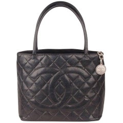 CHANEL Black Quilted Caviar Leather MEDALLION Tote Bag For Sale at