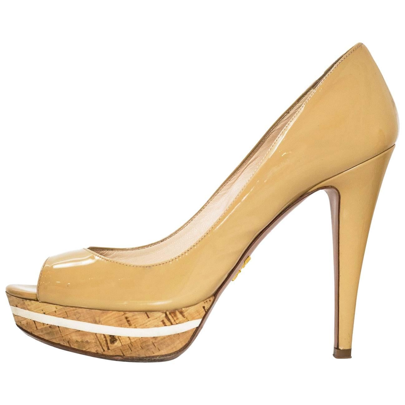 Prada Nude Patent Open Toe Pumps Sz 37.5 with Box, DB