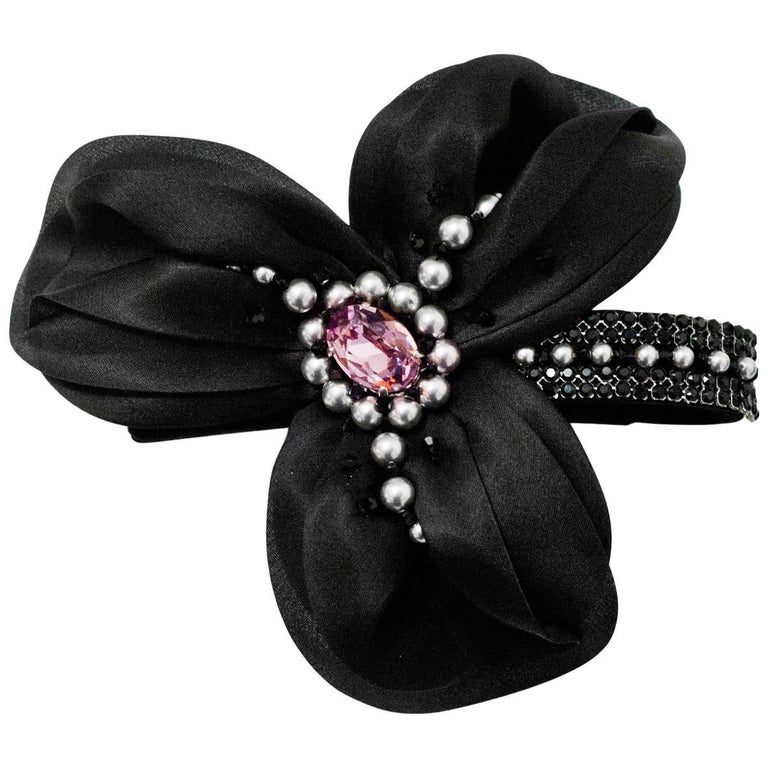 Philip Treacy Black Crystal and Faux Pearl Hair Barrette with Box and