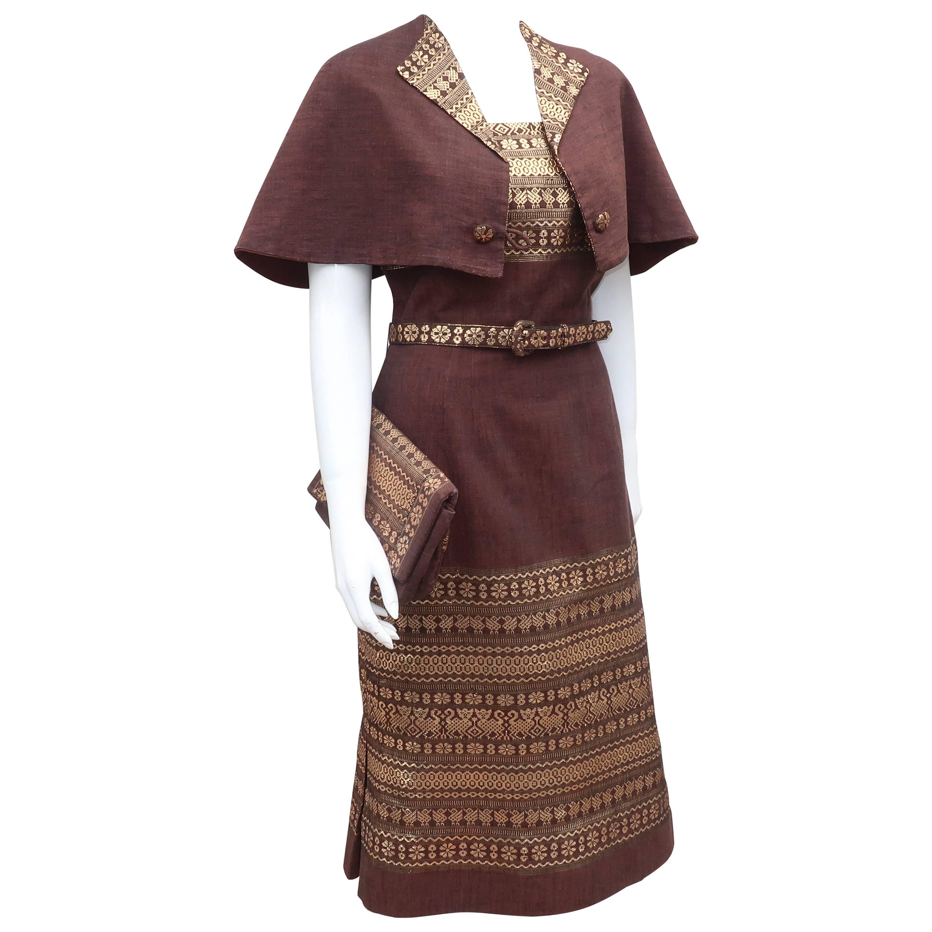 1950’s Brown & Gold Linen Dress With Capelet & Handbag