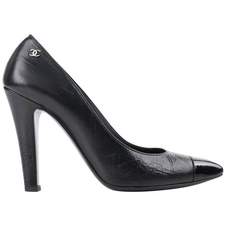 CHANEL Cruise 2014 Black Textured Leather Pointed Cap Toe Pumps Heels For  Sale at 1stDibs | 2014 heels