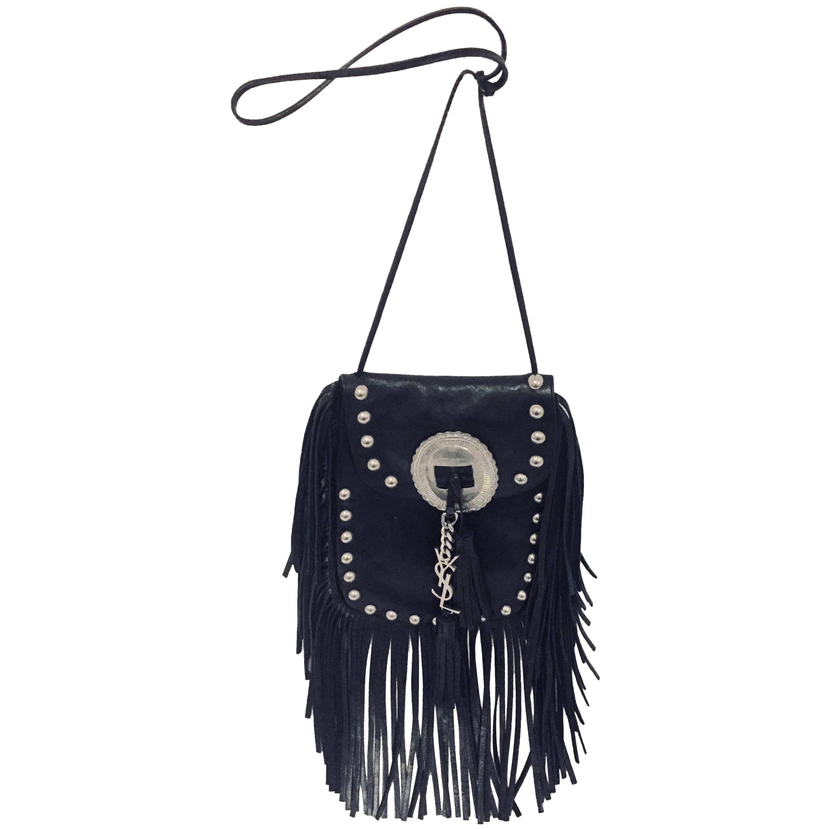 Singular Saint Laurent Black Anita Flat Leather Bag with Fringe