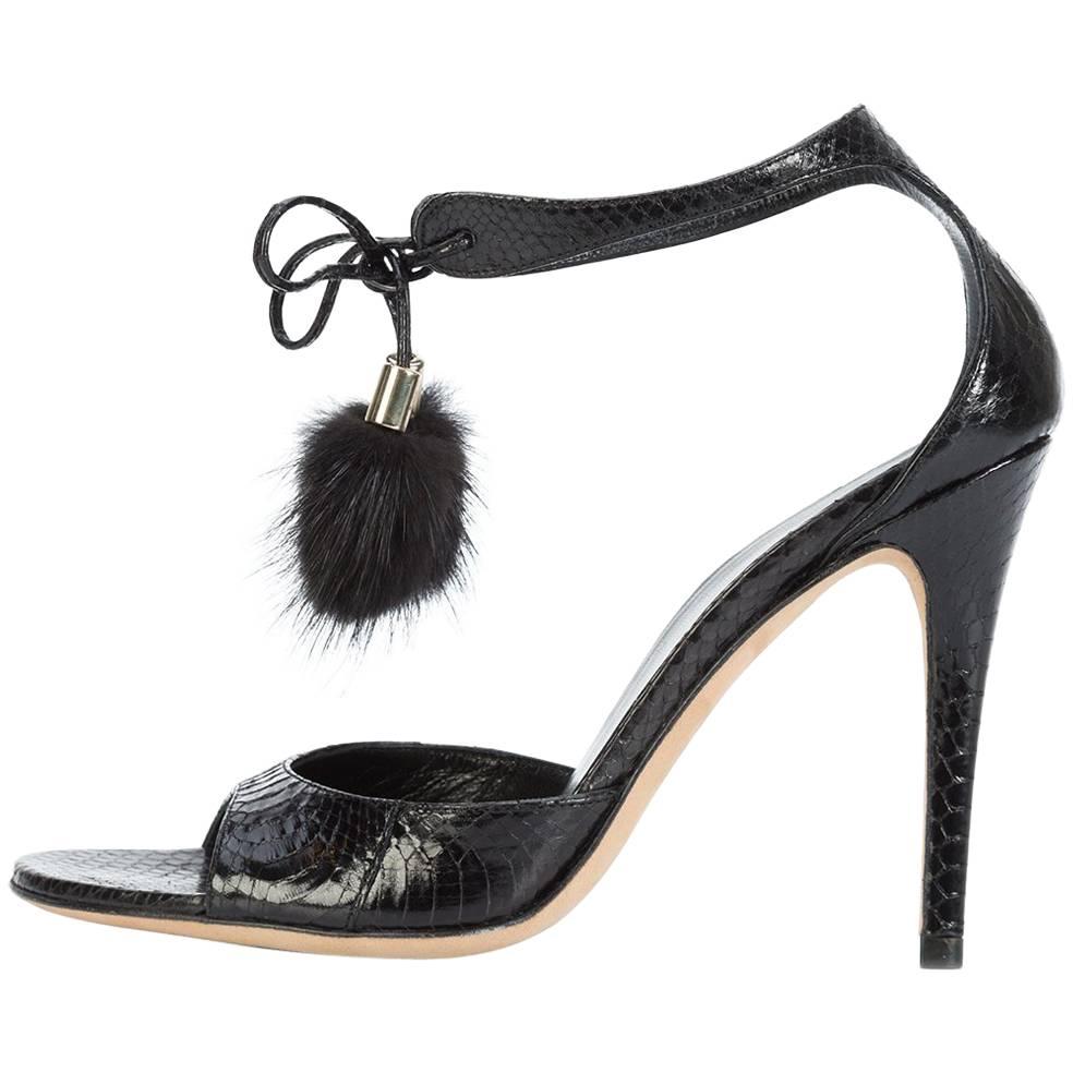 Gucci New Black Embossed Snakeskin Fur Pom Pom Evening Sandals Heels in Box