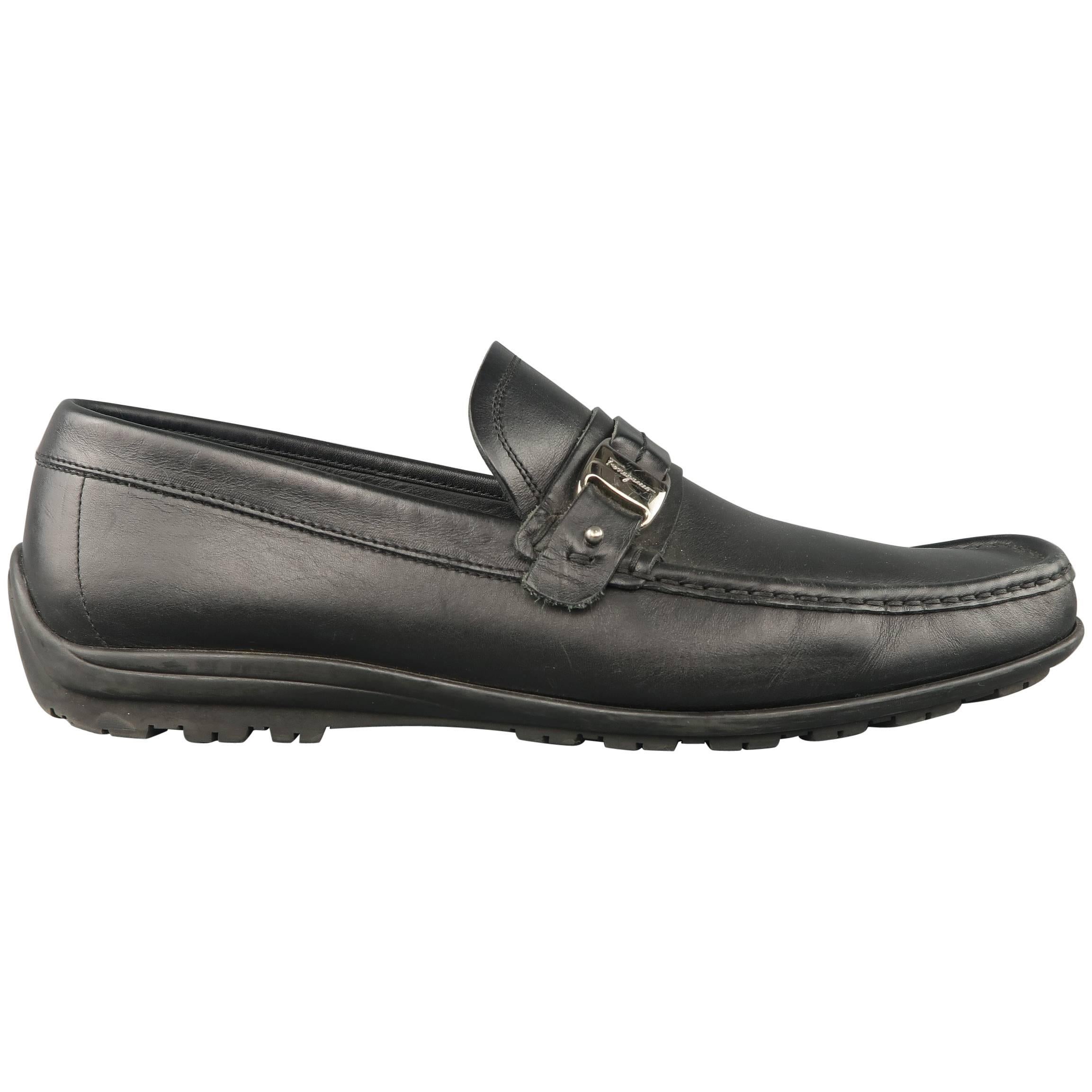Men's SALVATORE FERRAGAMO Size 11 Black Leather Embossed Strap Driver Loafers