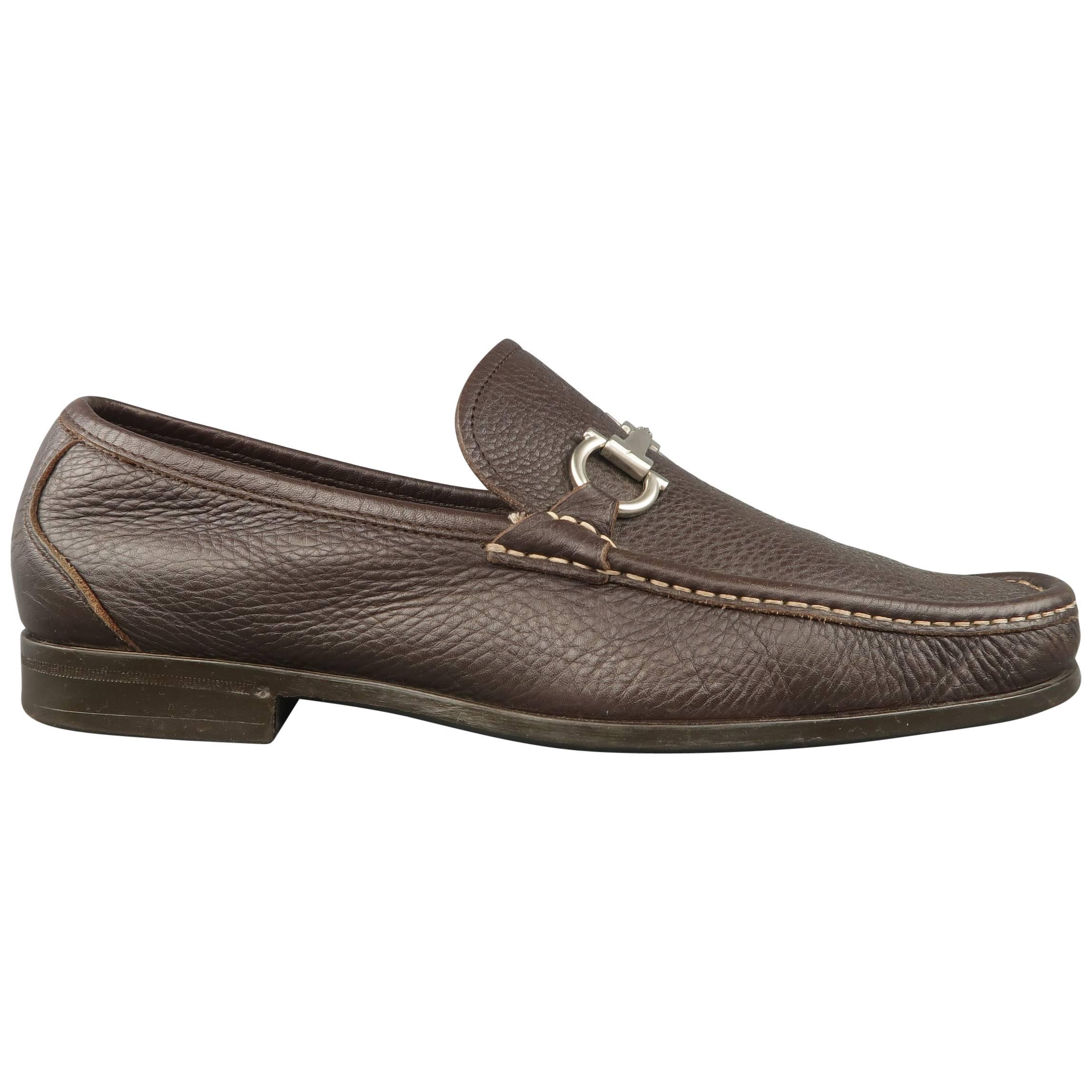 SALVATORE FERRAGAMO Size 11 Brown Leather Silver Horsebit Apron Toe Loafers