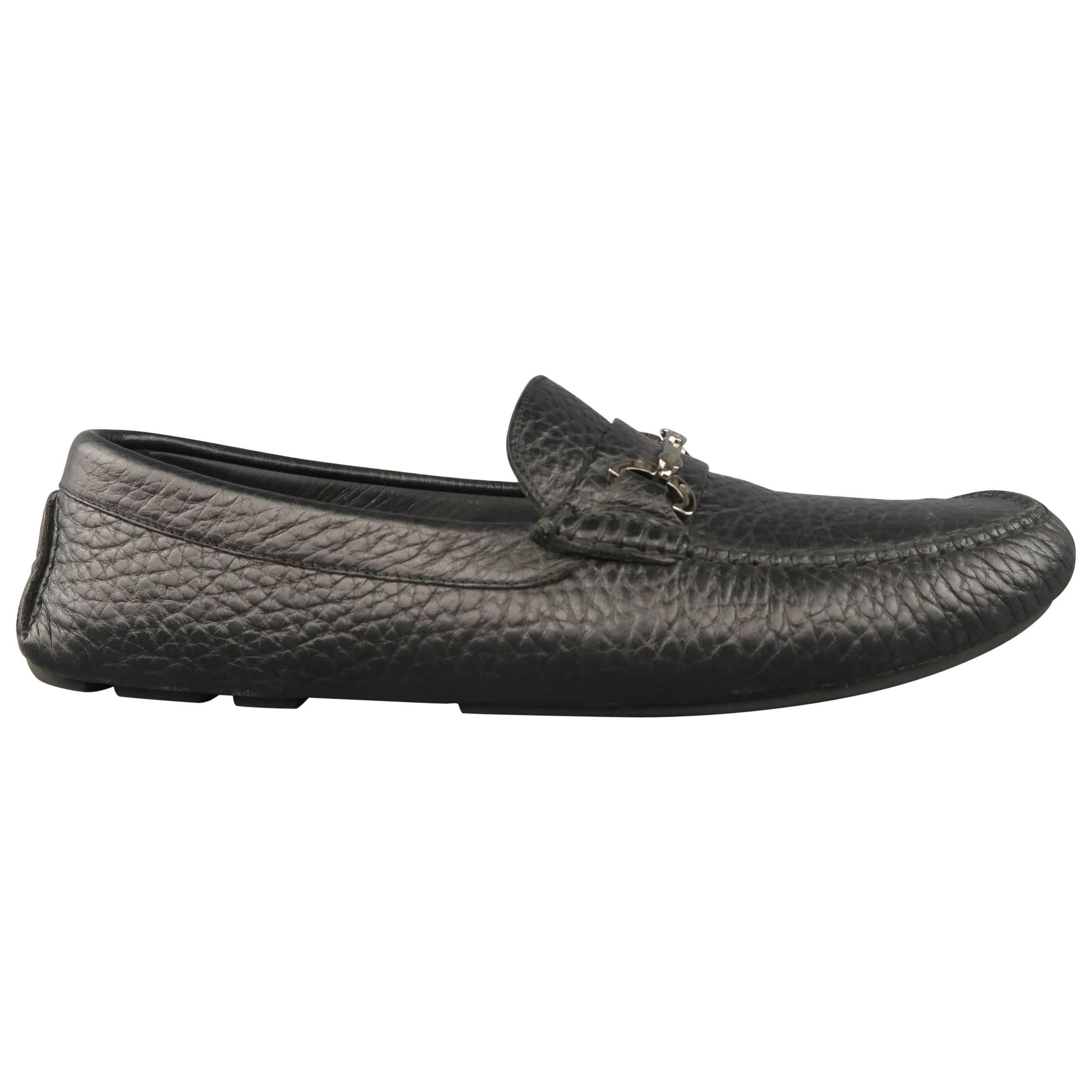 Men's DOLCE & GABBANA Size 10 Black Textured Leather Horsebit Driver Loafers