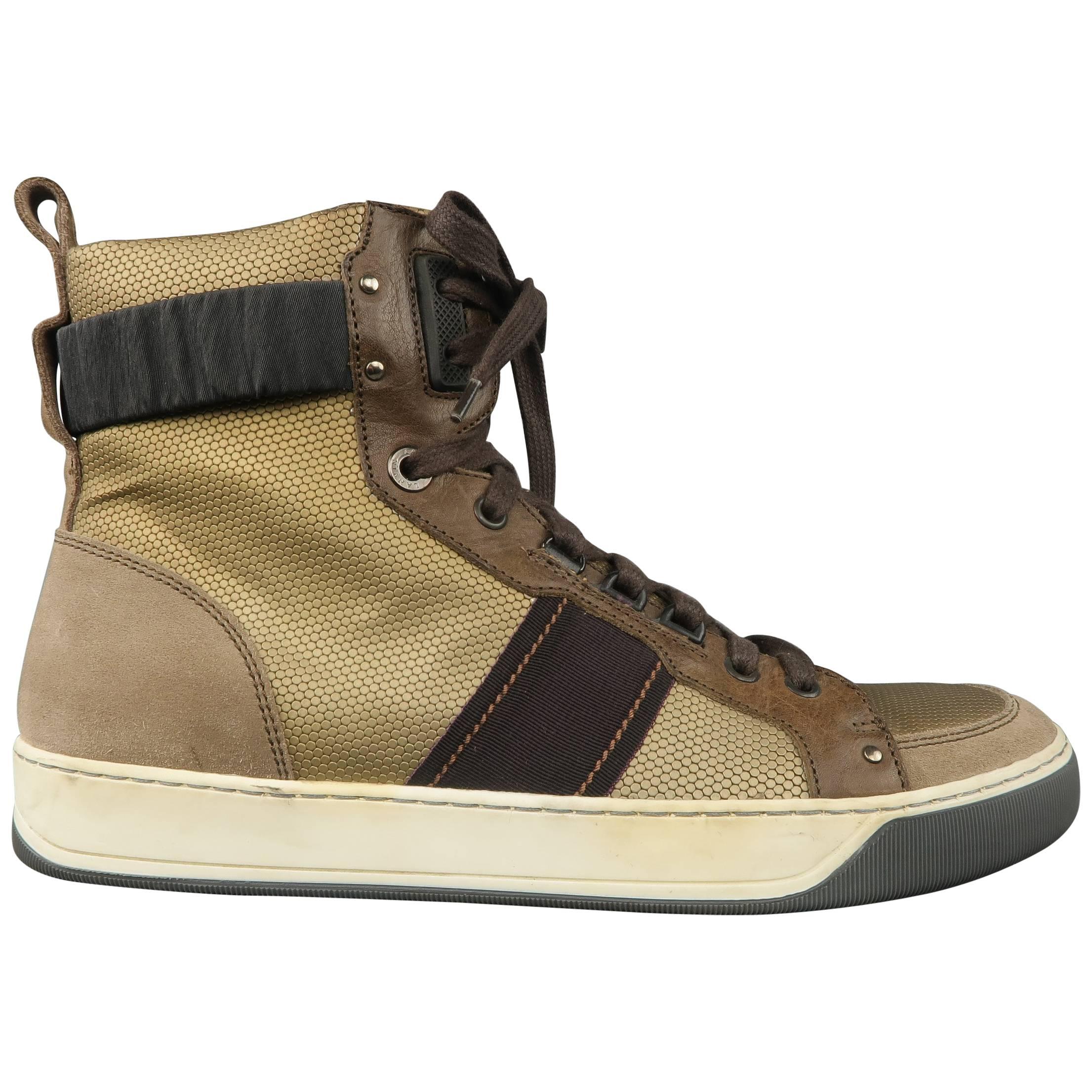 Men's LANVIN Size 8 Metallic Gold & Taupe Suede High Top Cuff Sneakers