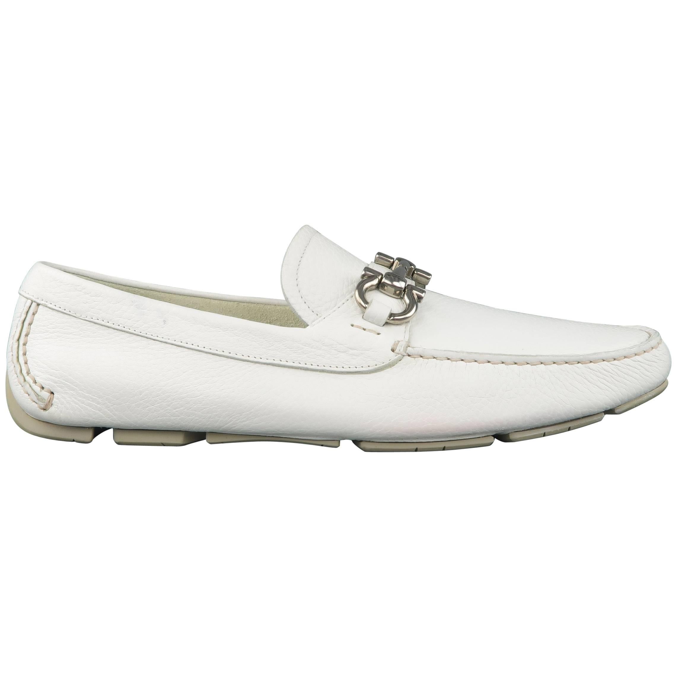 Men's SALVATORE FERRAGAMO Size 11 White Leather Silver Horsebit Driver Loafers
