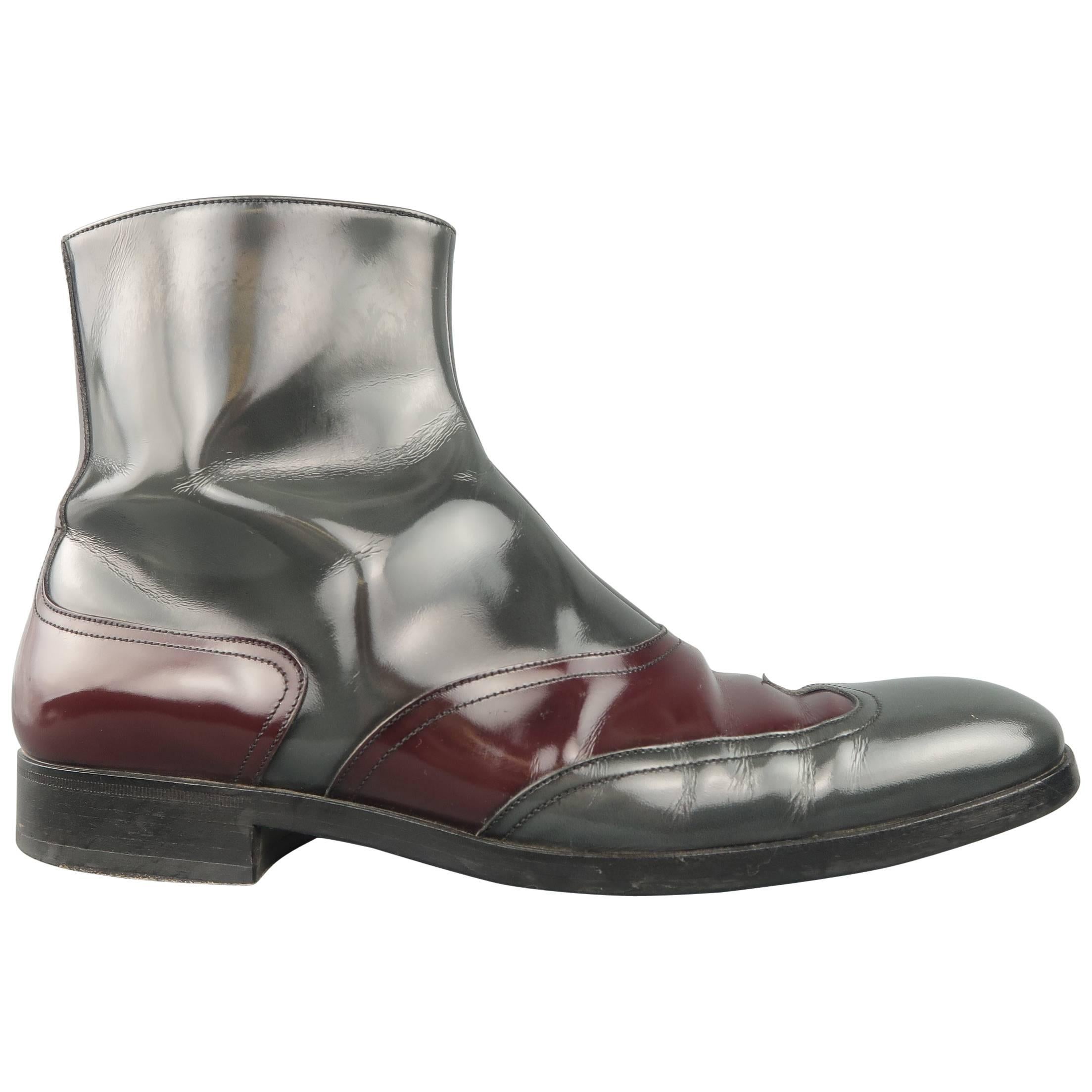 Men's Versace Boots Size 8 Grey & Burgundy Patent Leather Ankle Boots
