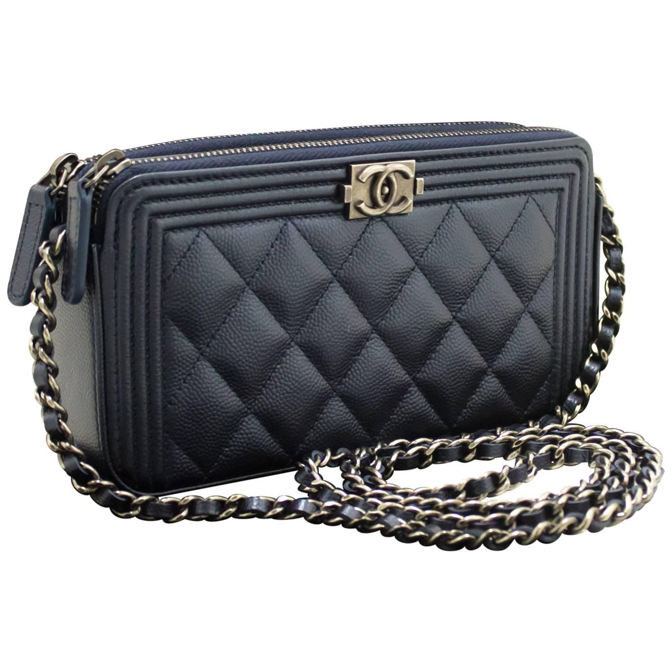 CHANEL Boy Wallet On Chain WOC Navy Shoulder Bag Quilted Zipper at