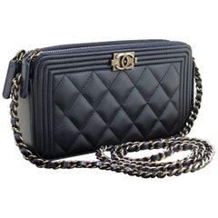 CHANEL Boy Wallet On Chain WOC Navy Shoulder Bag Quilted Zipper