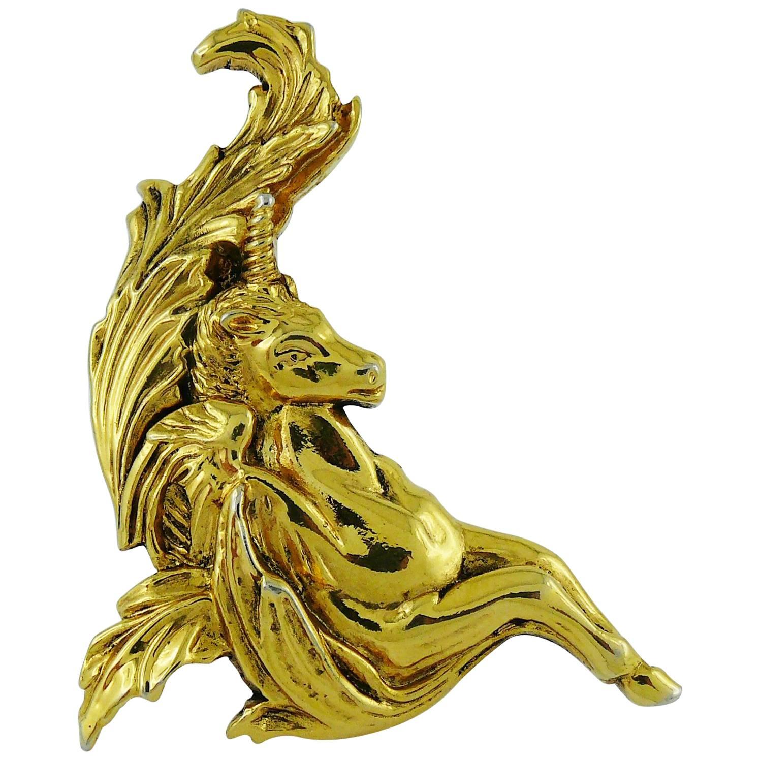 Georges Rech Paris Vintage Gold Toned Large Unicorn Brooch