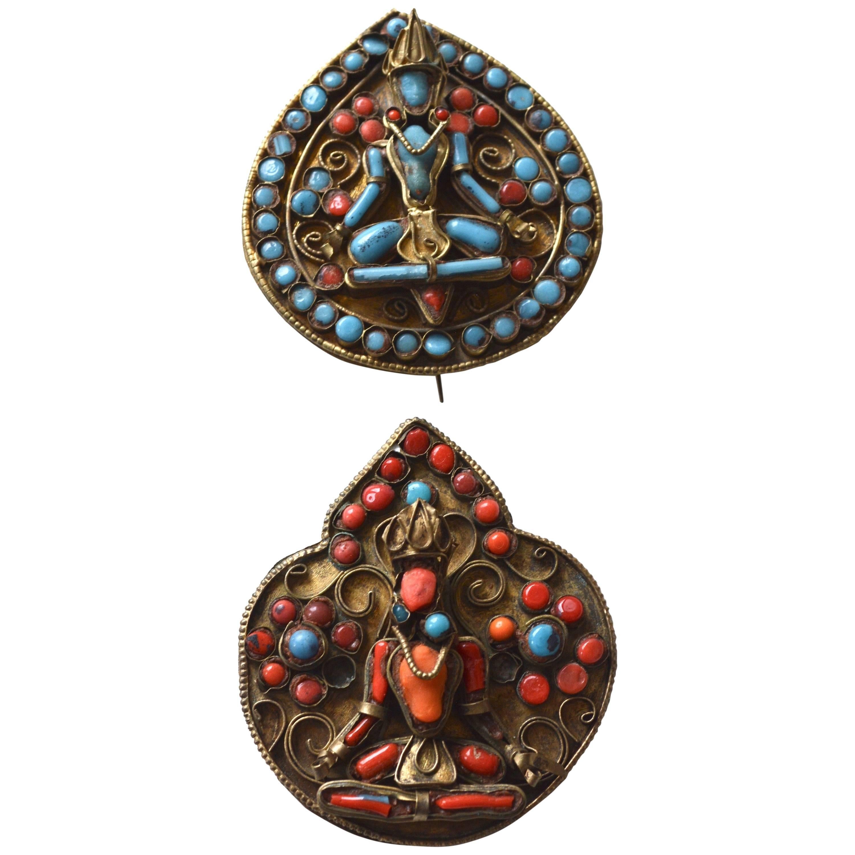 Antique Tibetan Coral Brooch Duo  For Sale