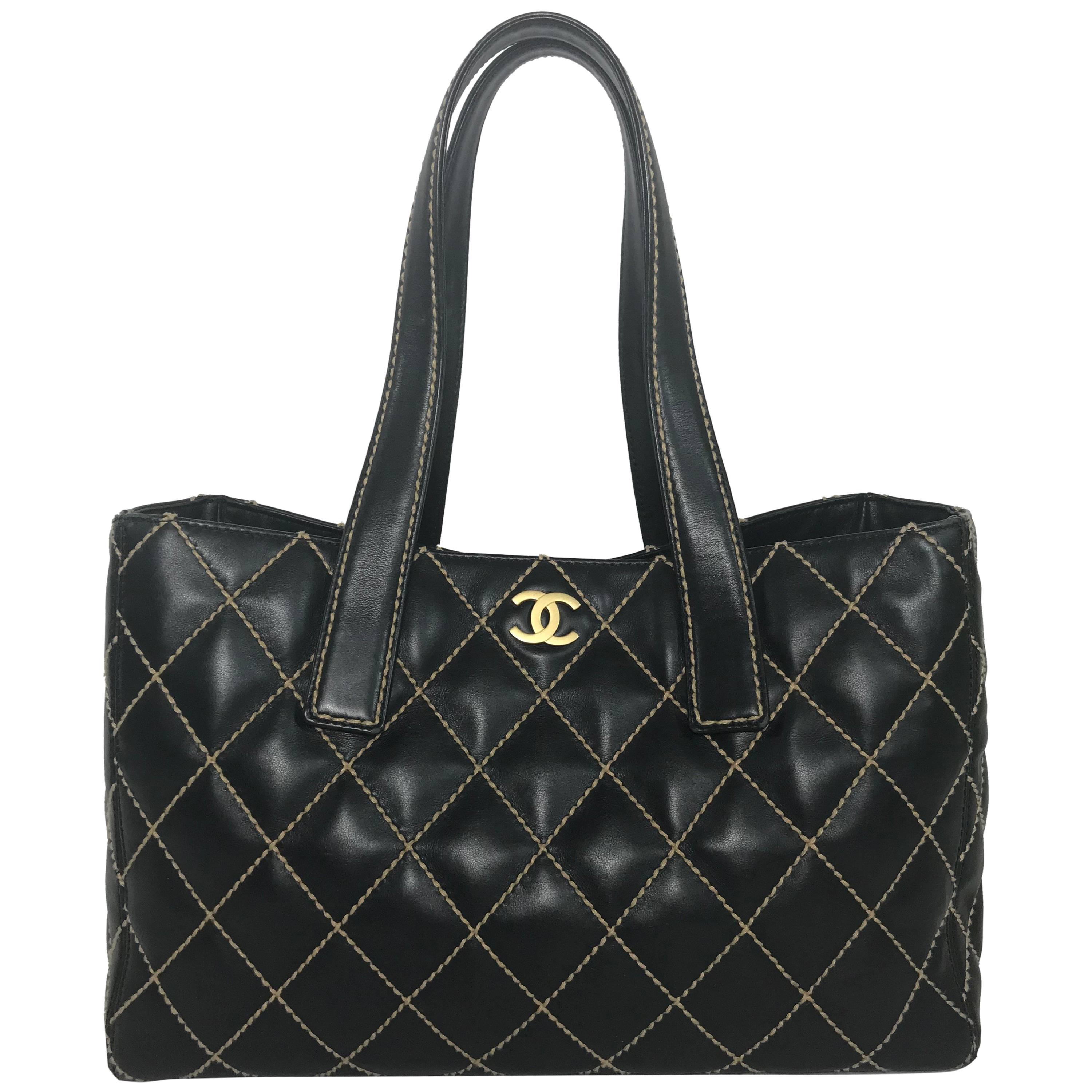 Chanel Quilted Leather Wild Stitch Tote in Black Tote Bag