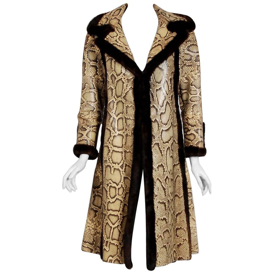 1970's Genuine Python Snakeskin & Mink Fur Portrait Collar Princess Coat Jacket