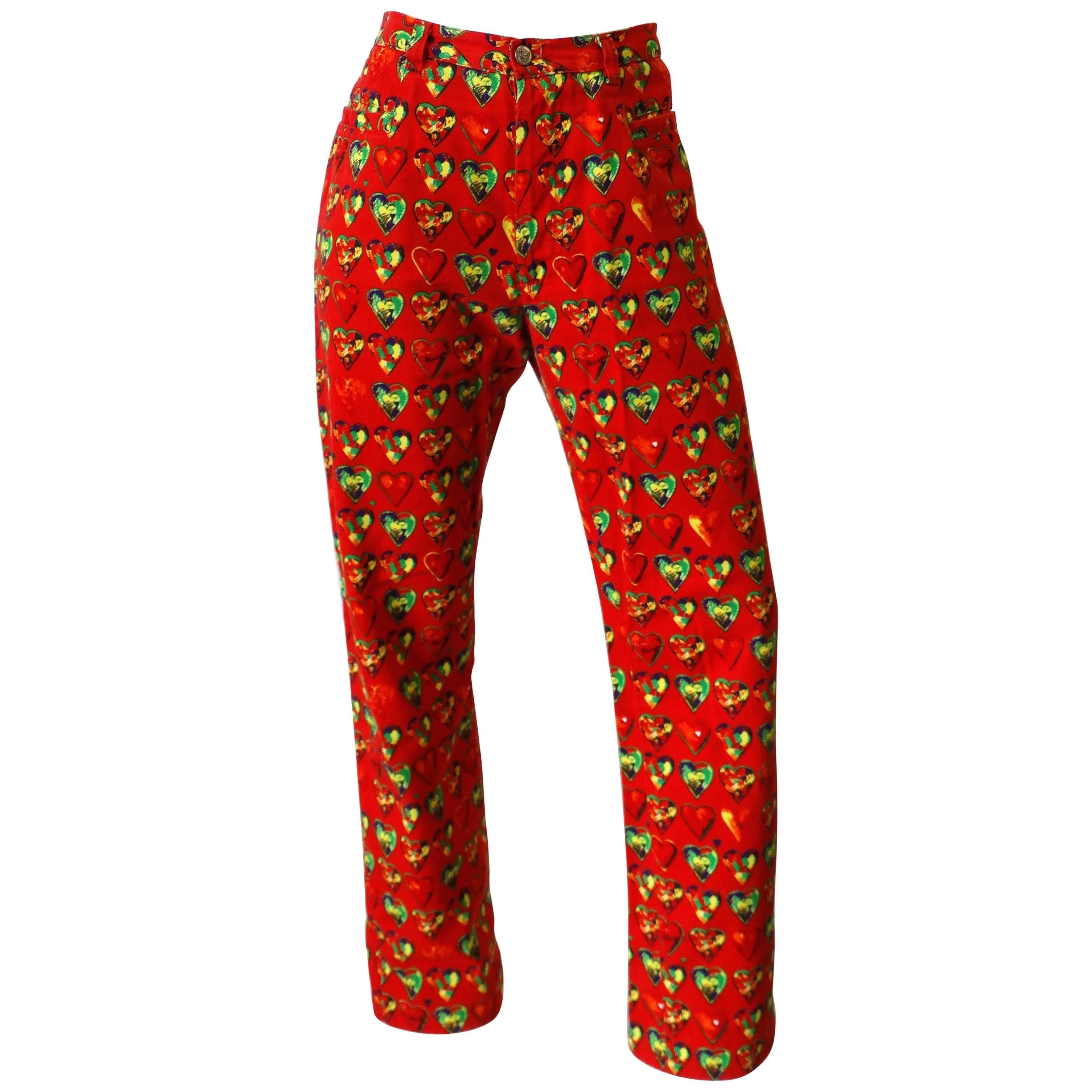 1997 Versace Jeans Heart Printed Pants  For Sale
