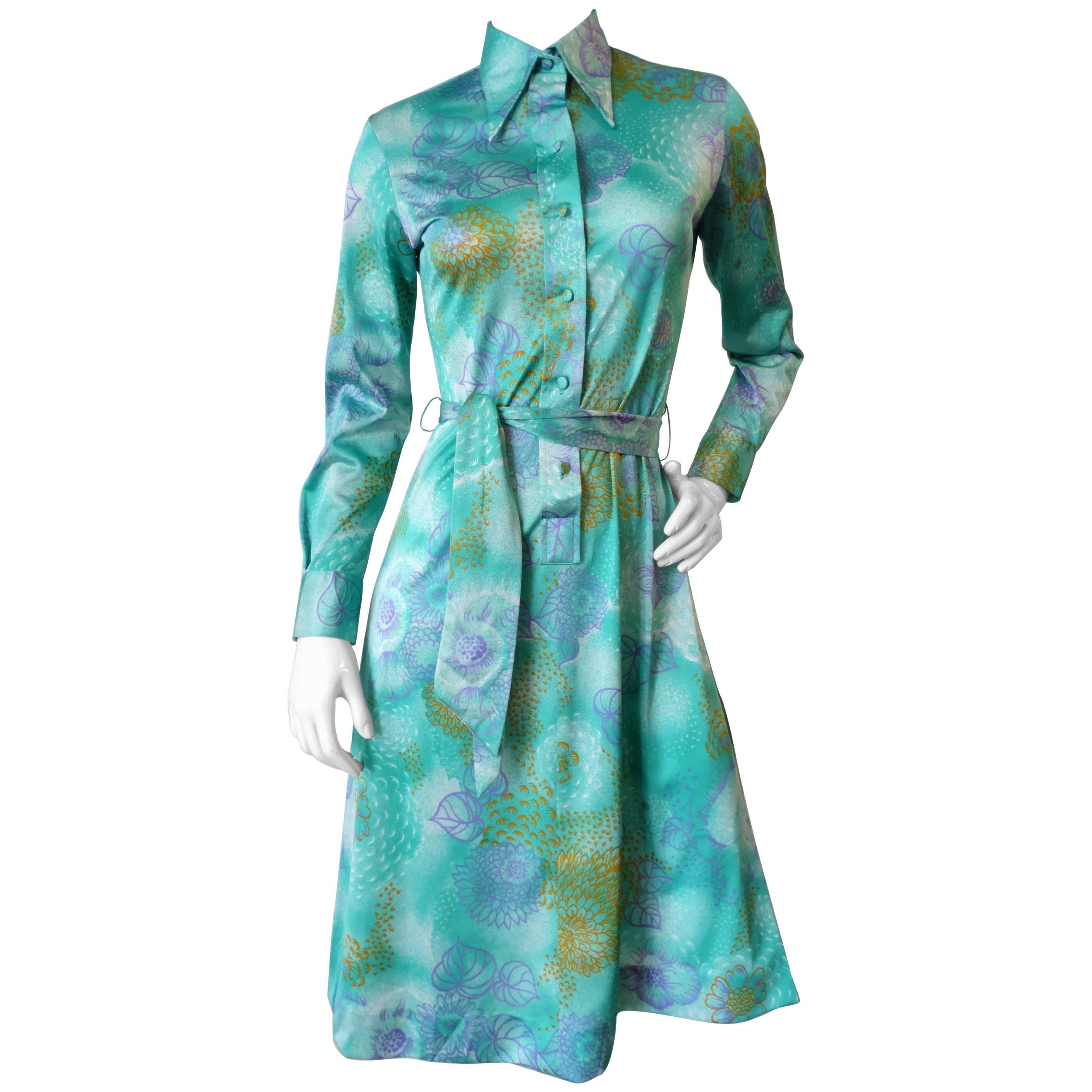 1970s Lanvin Turquoise floral Button Up Dress