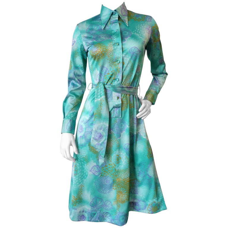 1970s Lanvin Turquoise floral Button Up Dress at 1stDibs