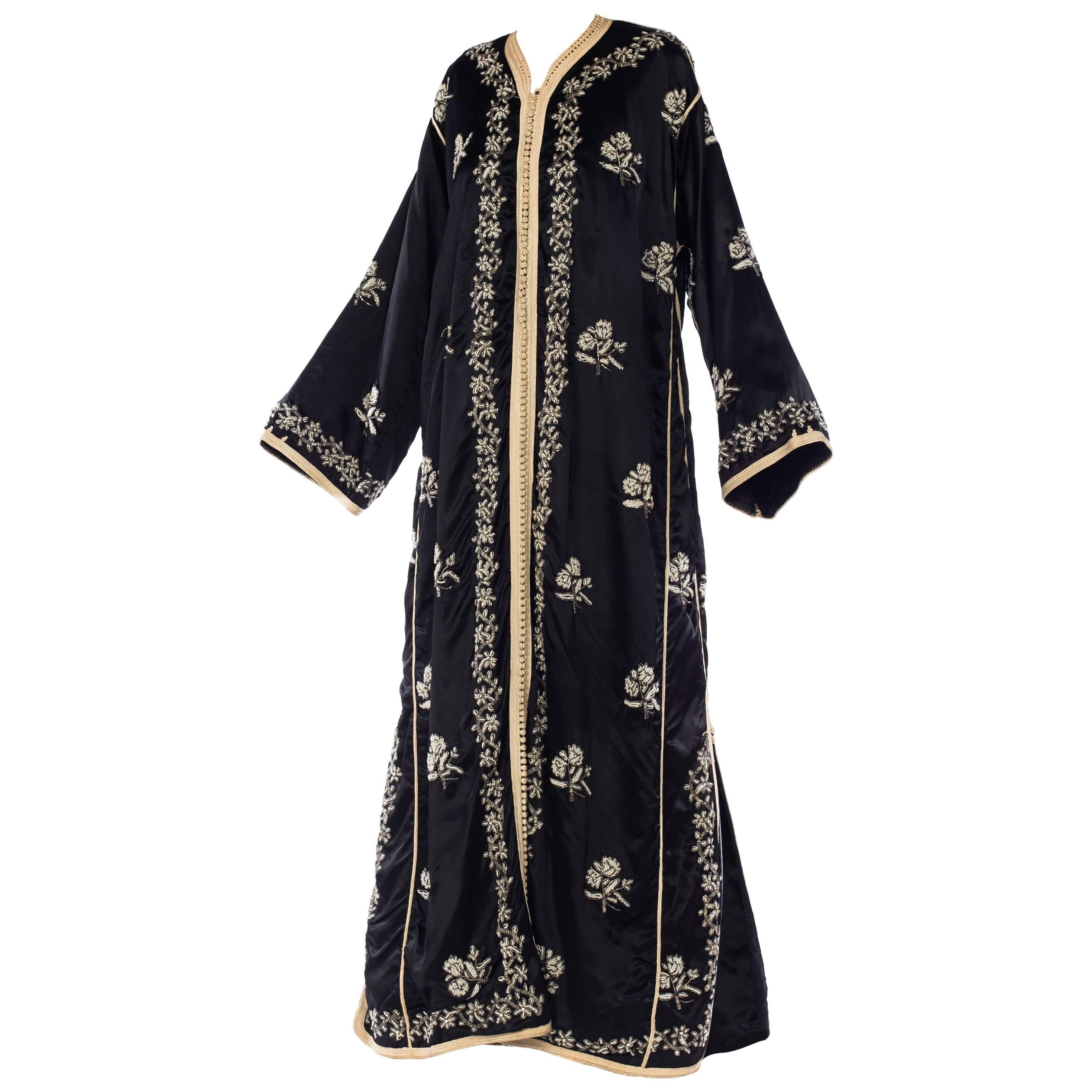 1960S Black Beaded Satin XL Moroccan  Kaftan