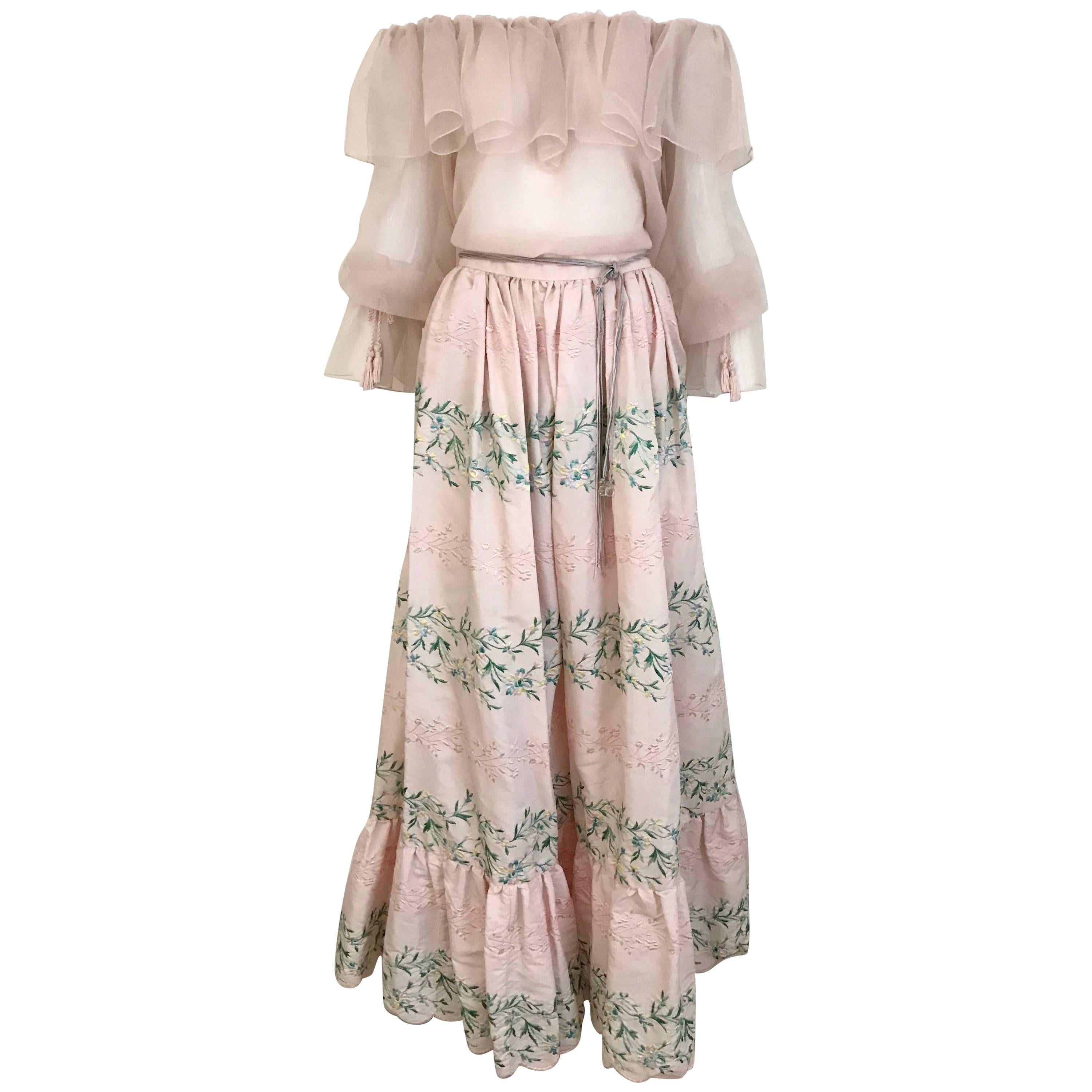 Vintage Oscar De La Renta Light Pink Blouse and Embroidered Maxi Skirt 