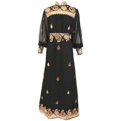 Vintage Black and Gold Paisley Embroidered Silk Caftan Maxi Dress with Belt