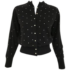 1950s Schiaparelli Black Cashmere Sweater With Rhinestones Embellishments 