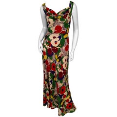 1930's Colorful Bias Cut Silk Floral Print Evening Dress