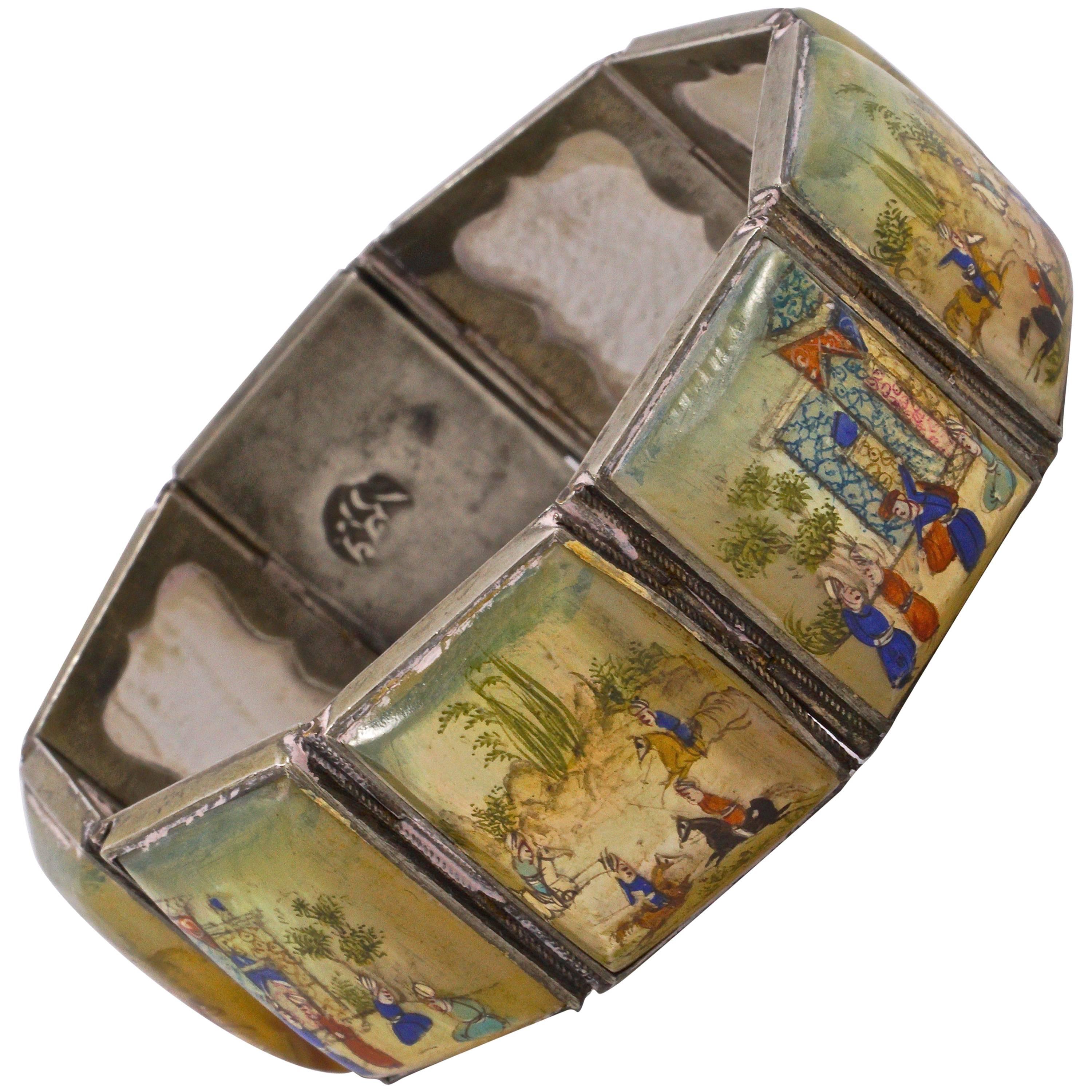 Arabisch Silber Ton Perlmutt Hand gemalt lackiert Panel Geschichte Armband im Angebot