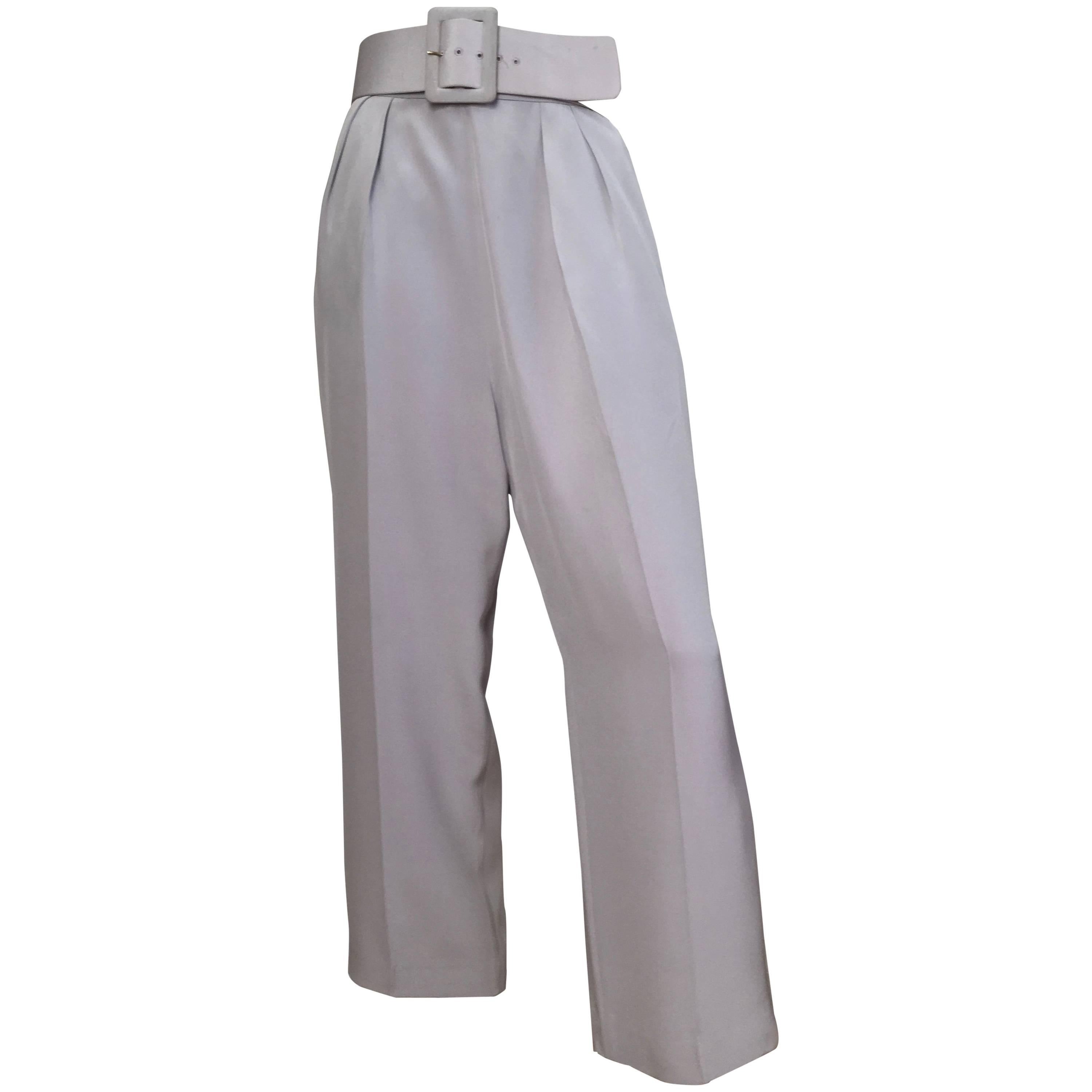 Oscar de la Renta Silver Grey Silk Pleated Pants with Pockets & Belt Size 6.