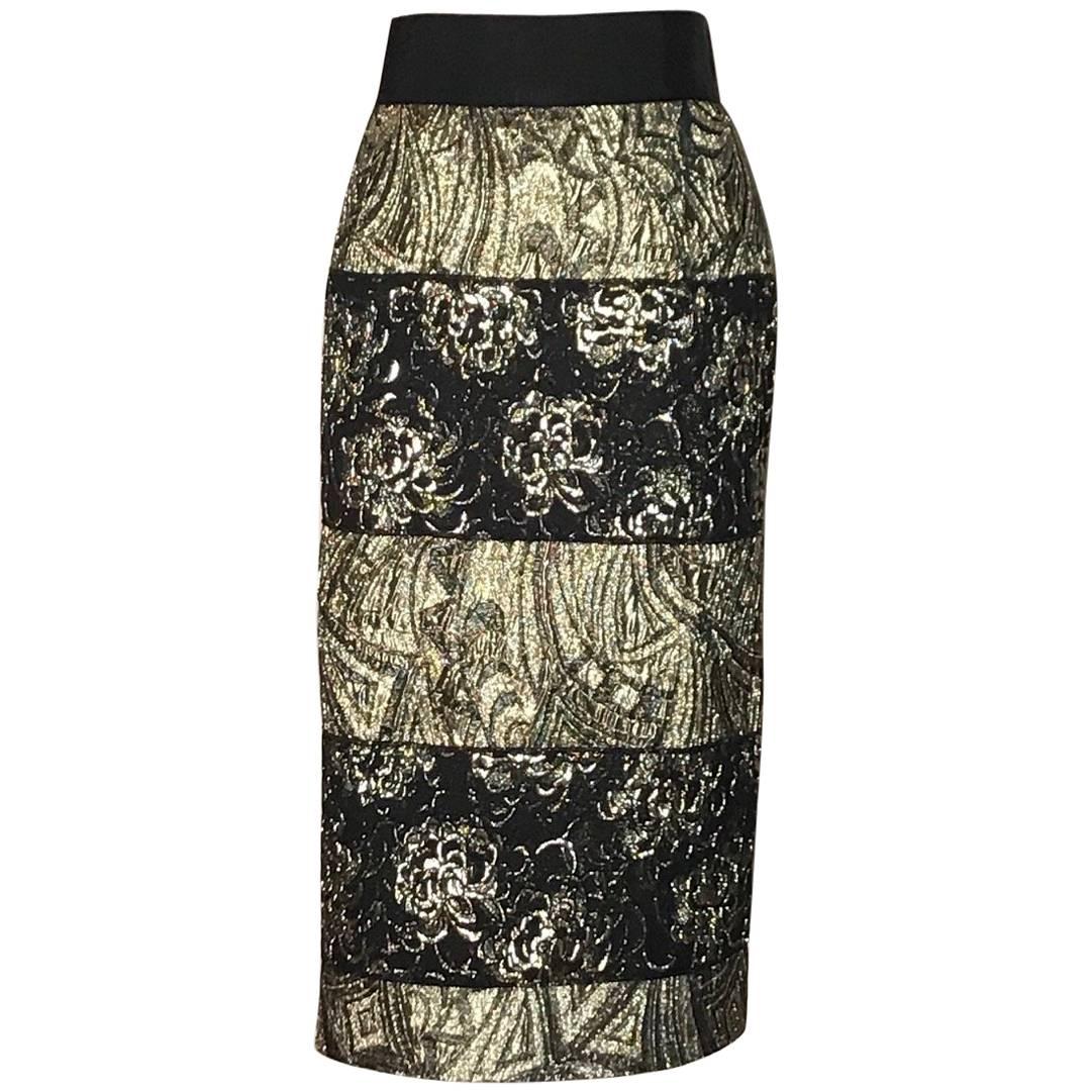 New Dolce & Gabbana Gold and Black Deco Jacquard Stripe Straight Pencil Skirt
