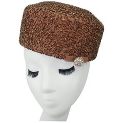 1950's Leslie James Copper Beaded Brown Pillbox Hat