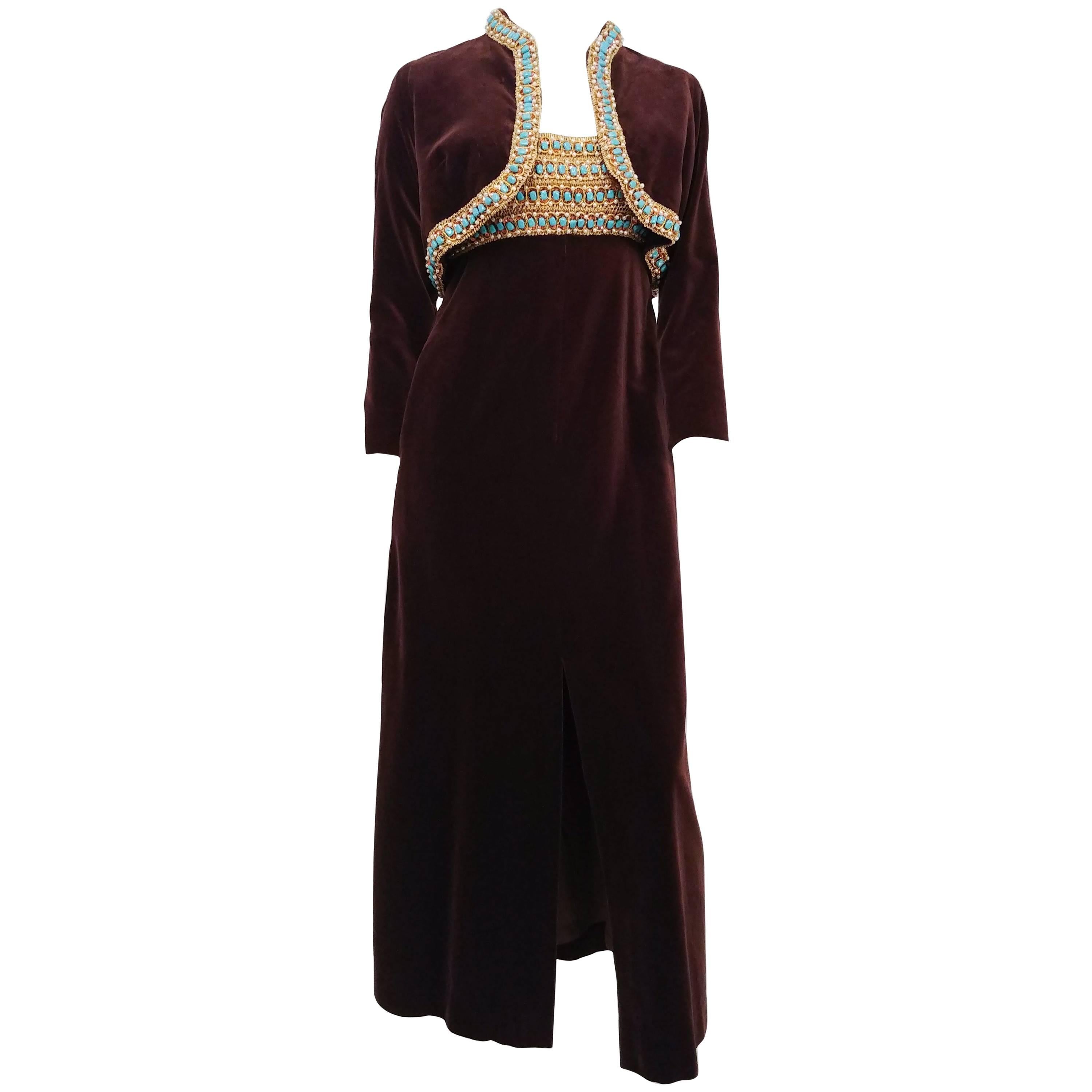 Dynasty Brown Velvet Beaded Maxi Dress & Bolero, 1960s