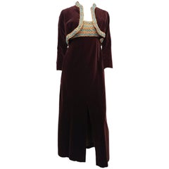 Retro Dynasty Brown Velvet Beaded Maxi Dress & Bolero, 1960s