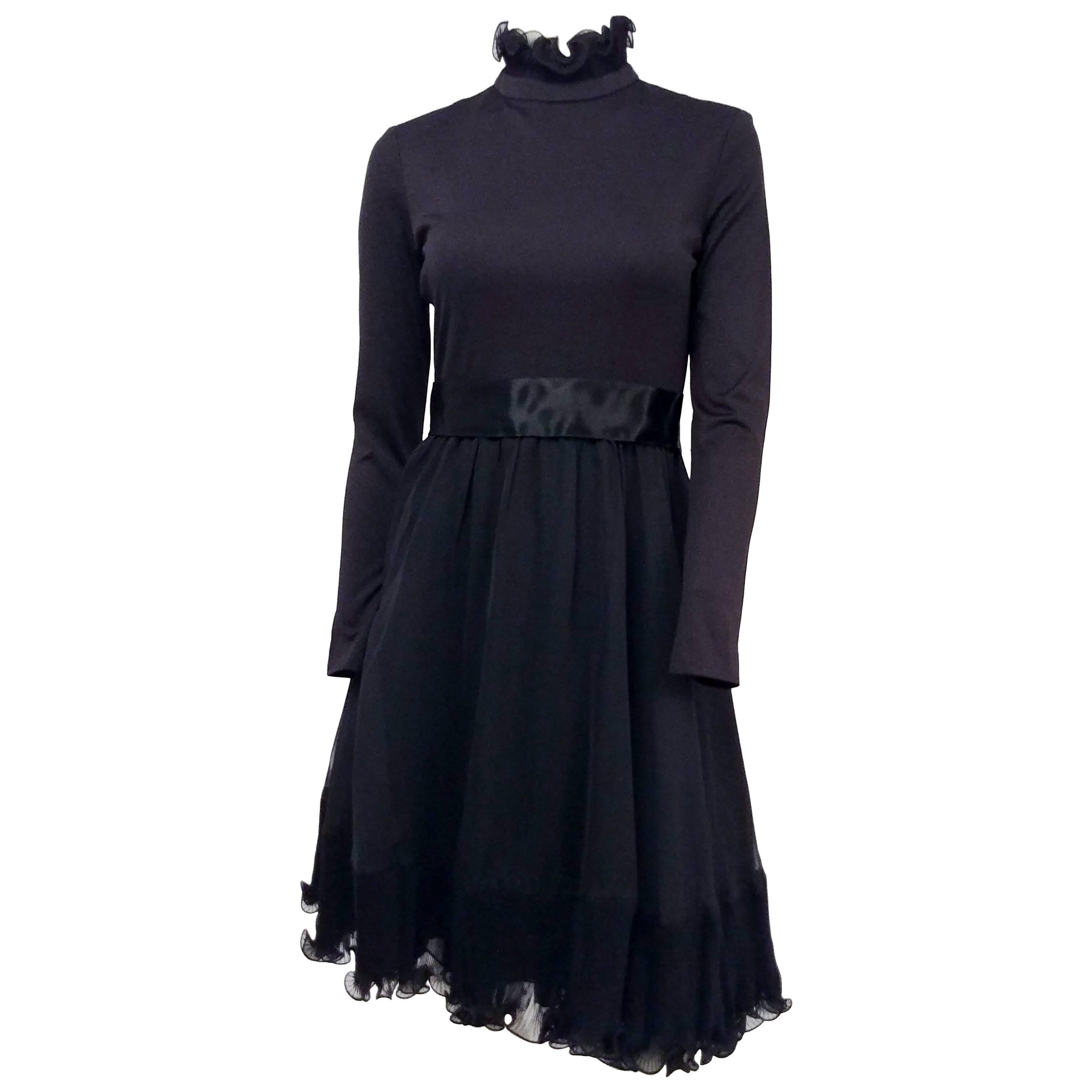 Miss. Magnin Black Cocktail Dress w/ Ruffled Skirt, 1960s For Sale
