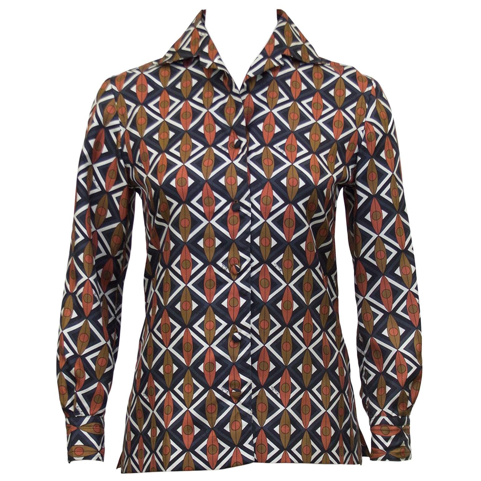 1960s Emilio Pucci Brown and Navy Blue Printed Silk Blouse 